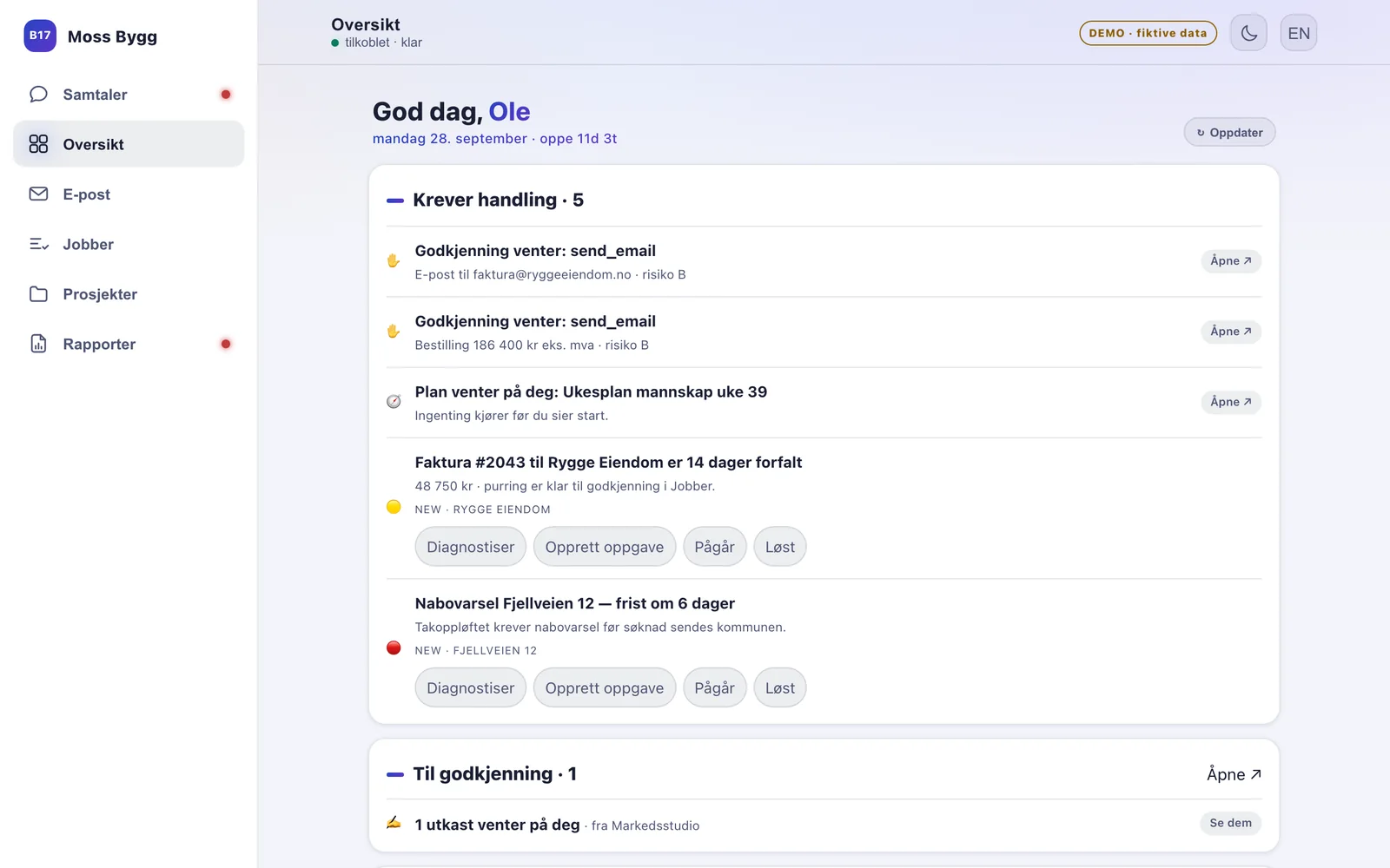 Dinbot-appen: oversikt med godkjenninger som venter, økonomi og prosjekter